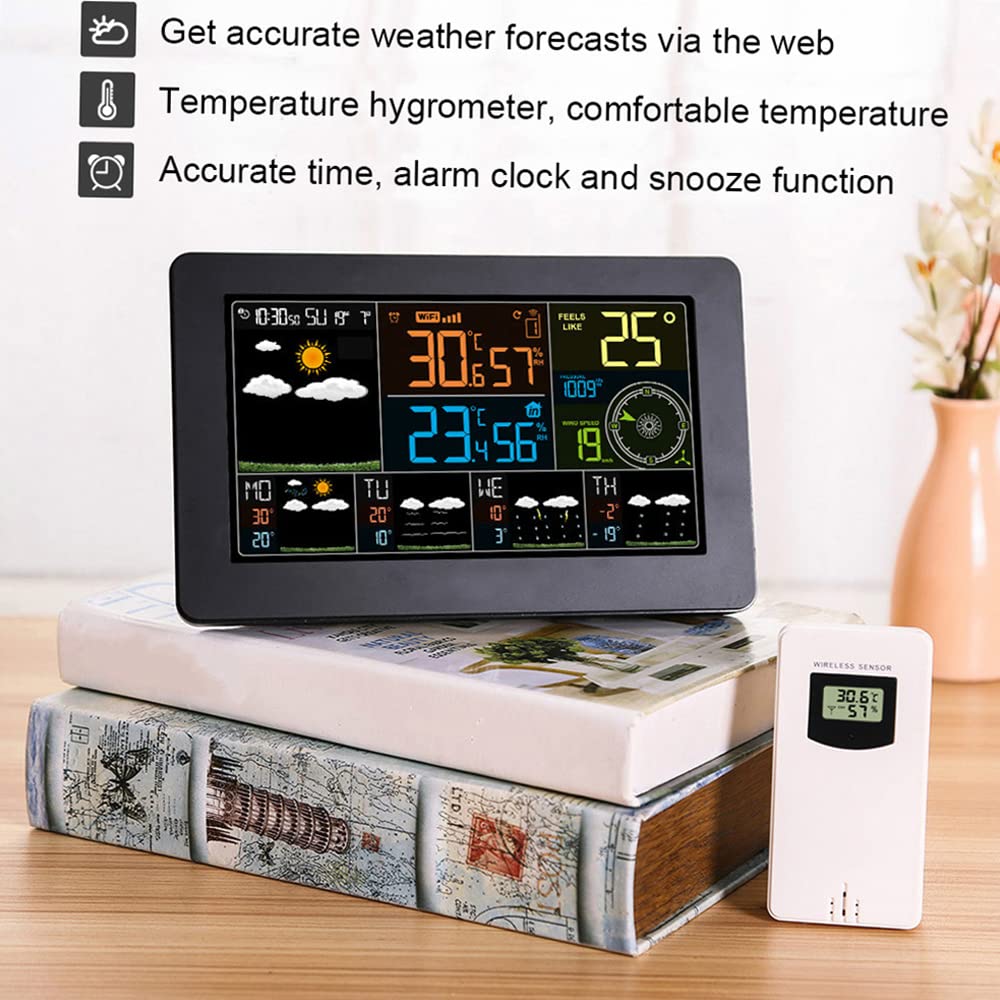 Multifunktionale Farb-WiFi-Wetterstation APP-Steuerung Smart Weather Monitor Indoor-Außentemperatur Luftfeuchtigkeit Barometrische Windgeschwindigkeit Digitaluhr-Funktionen mit Außensensor