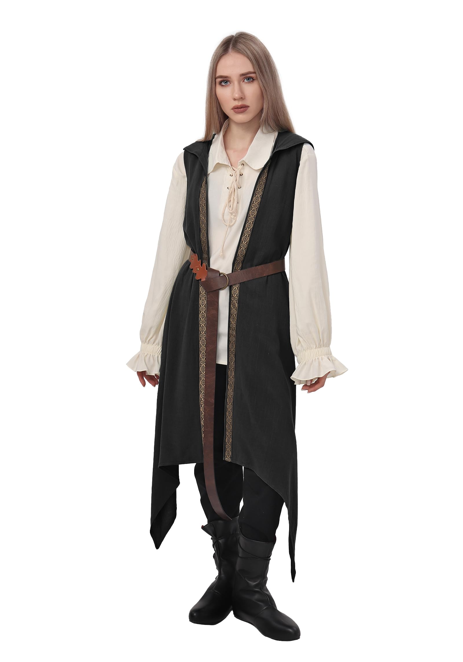 Koalswm Women's Medieval Long Hooded Vest Renaissance Sleeveless Surcoat Celtic Tunic Forest Fairy Halloween Cosplay Costume, Black, XL