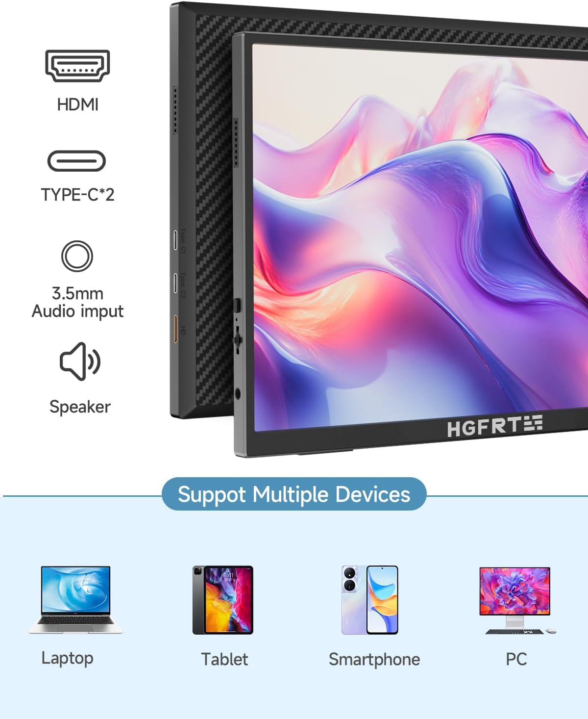Diagram showing the monitor connecting to a laptop, tablet, smartphone, and PC