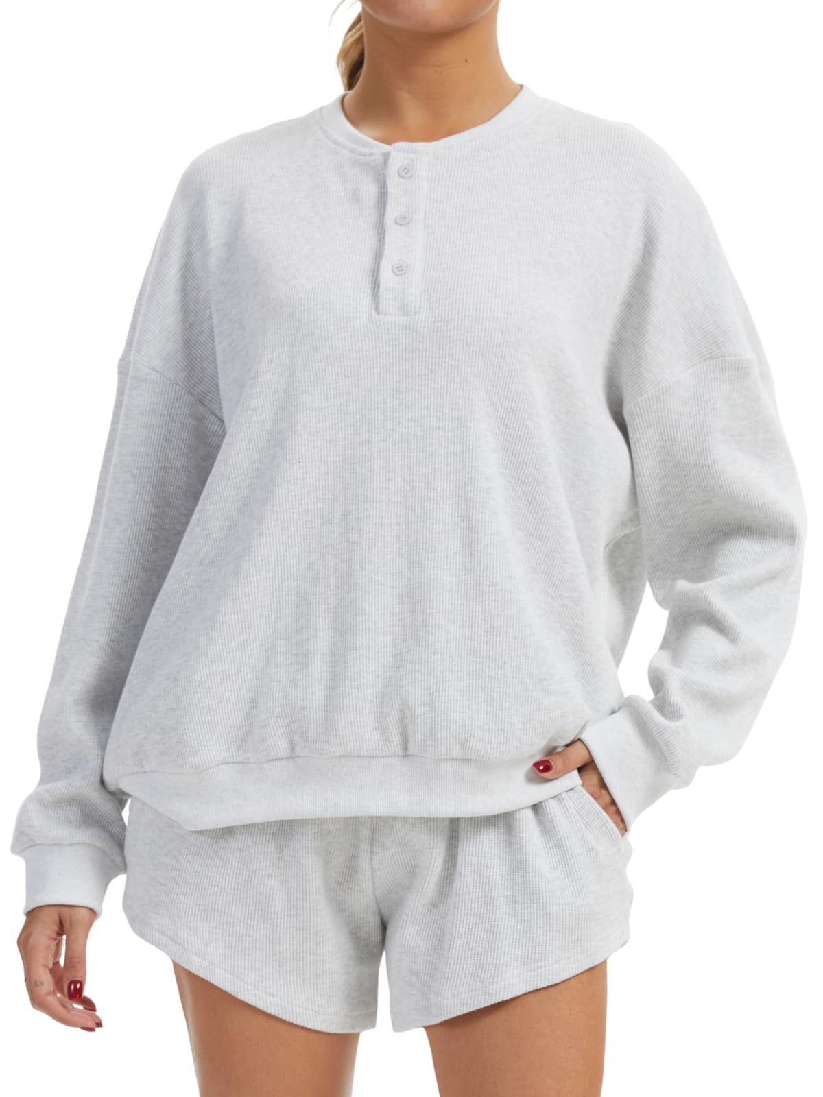 AnotherChill Womens Oversized Waffle Knit Lounge Set Long Sleeve Sweatshirt and High Waisted Shorts 2 Piece Casual Outfit