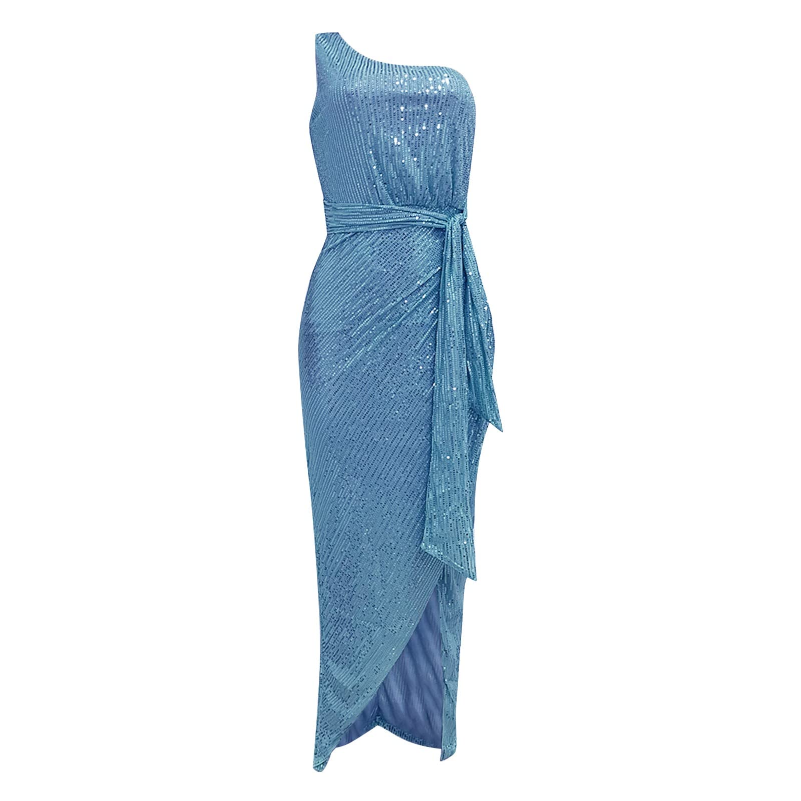Abito Elegante Donna Lungo - Abito da Donna con Paillettes Plissettato con Spacco in Vita E Cravatta