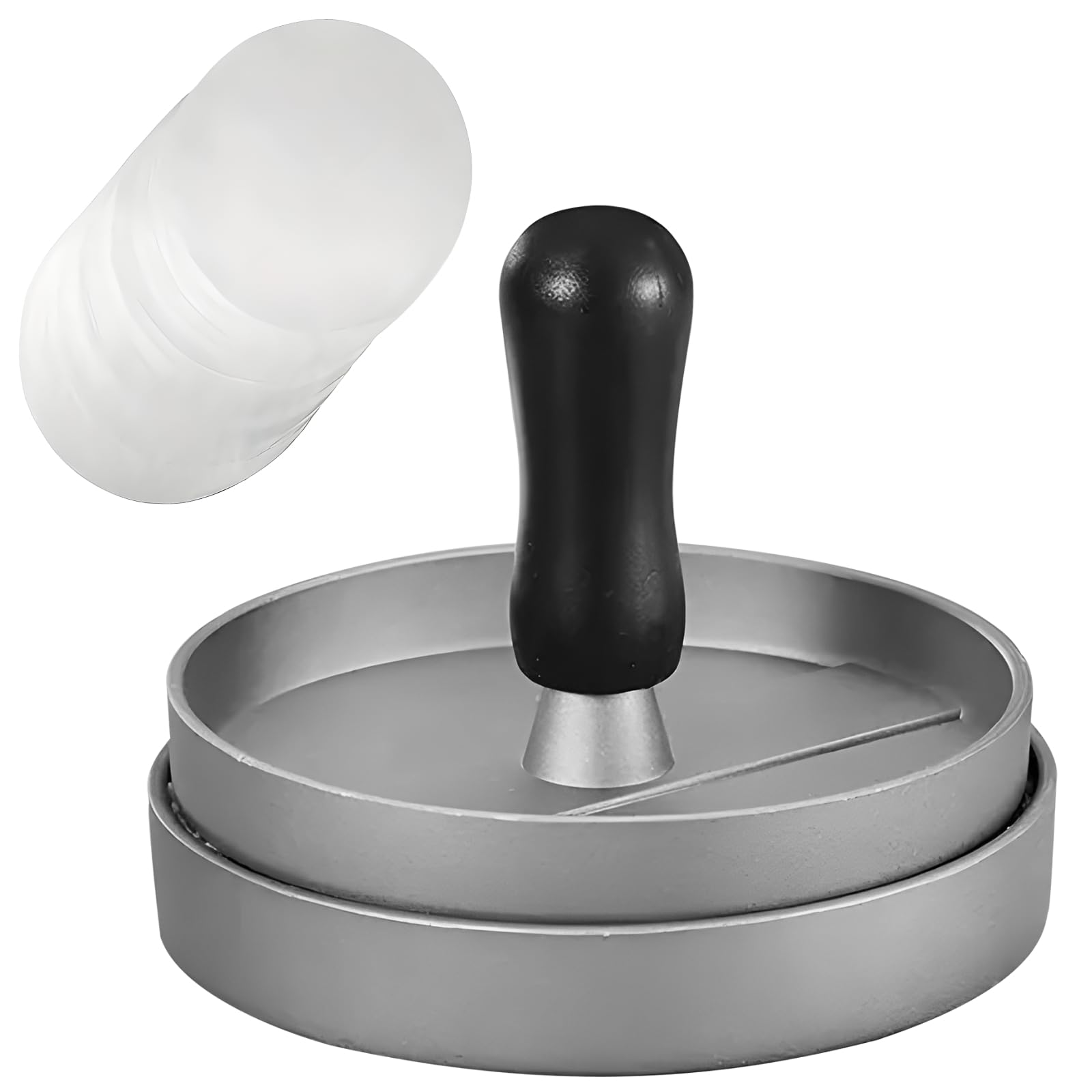 Packool Aluminum Burger Press, Patty Maker with Wooden Handle, Includes 2 Wax Paper, Ideal for Easy Patty Making, Dishwasher Safe, Portable for Camping and Picnics, Black Handle