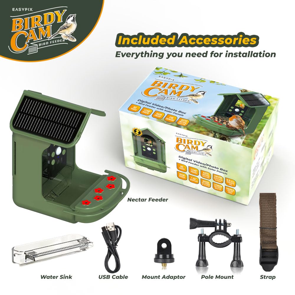 EASYPIX BirdyCam - Mangiatoia con macchina fotografica, energia solare, foto e video HD di uccelli, mangiatoia per giardino