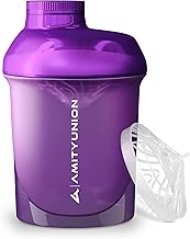 AMITYUNION Protein Shaker Purple White Deluxe 400ml - Leak Proof Protein Whisk - BPA Free with Sifter and Scale for Creamy Whey Protein Shakes Powder