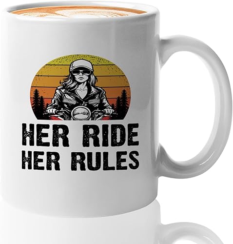 Lady Biker Coffee Mug 11oz White -Her Ride her Rules - Sport Biker Motorbike Riding Hobby Racer Enthusiasm Off Road Activity