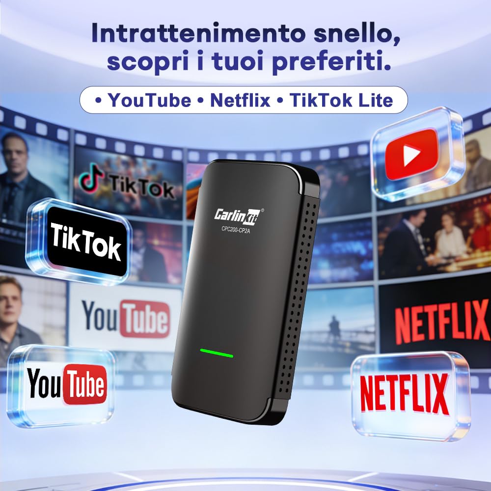 Carlinkit Adattatore CarPlay CP2A Pro senza fili - Supporta lo streaming di Netflix/YouTube/TikTok Lite per auto CarPlay cablate di fabbrica, dongle Android senza fili e per auto, USB-A/C