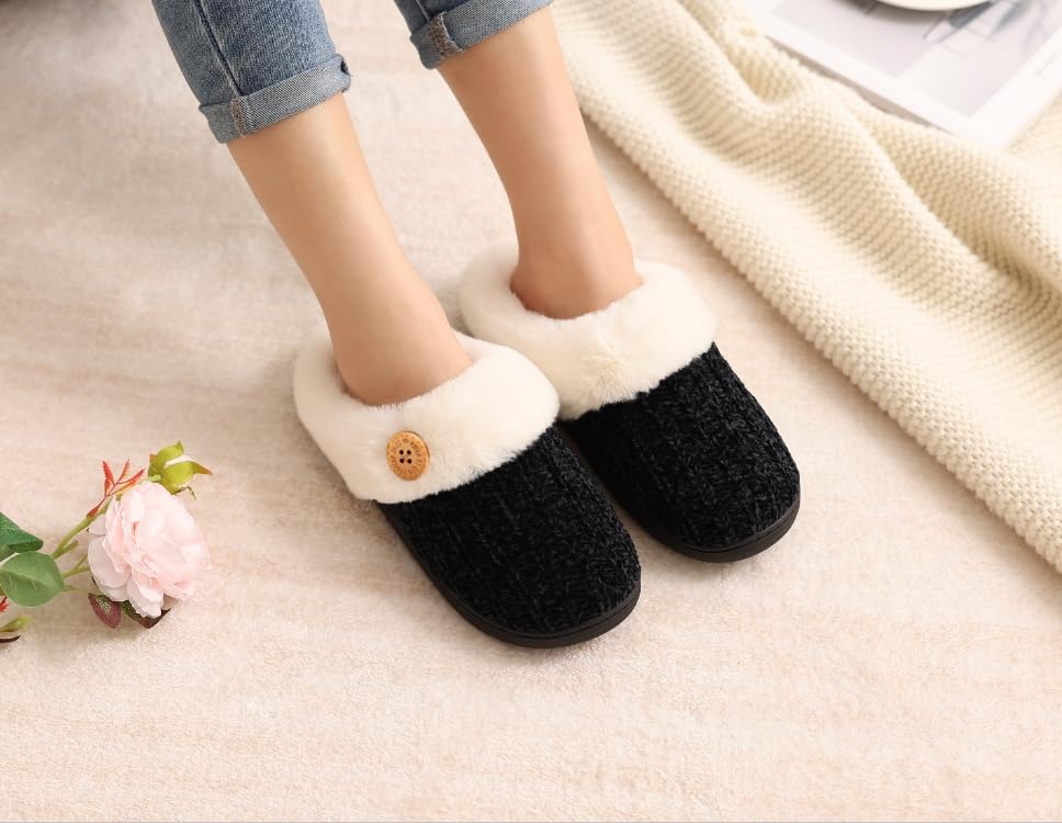 Image of Evshine Warm Knit House Slippers for Women Comfy Wool-Like Lined Chenille Slippers with Memory Foam and Indoor Outdoor Soles