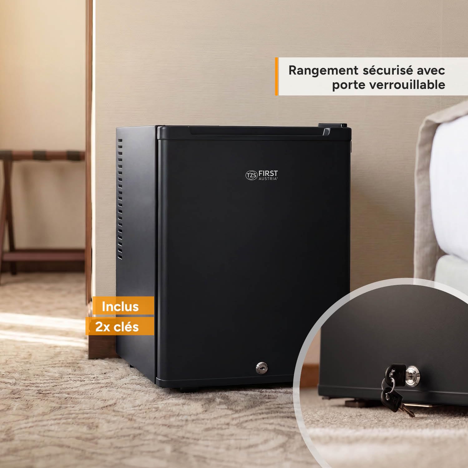 TZS First Austria Mini réfrigérateur 40L silencieux - Petit mini-frigo porte réversible lumière intérieure - Minibar camping bureau chambre hôtel Noir mat