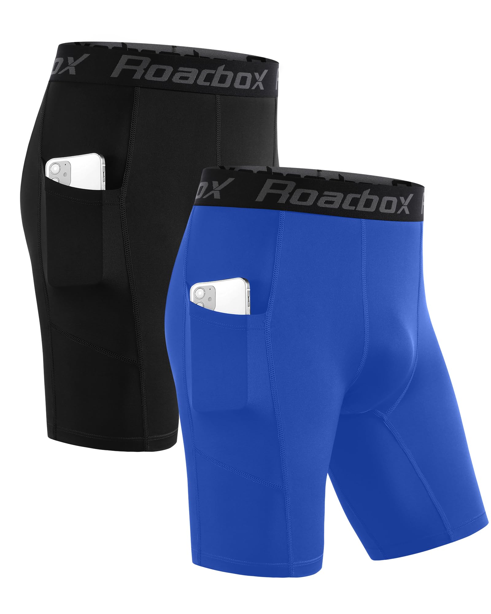 Roadbox Compression Shorts Men with Pocket, 1/2 Pack Quick Dry Spandex Running Athletic Workout Perfoemance Underwear
