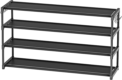 Miniatura 3 de Zapatero largo de 4 niveles organizador de zapatos con 2 ganchos, amplio organizador de zapatos apilable para entrada de armario, estante de zapatos