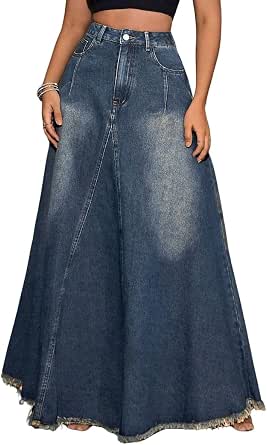 Women's Vintage Full Length Denim Skirt High Waisted Frayed Raw Hem Flared A-Line Maxi