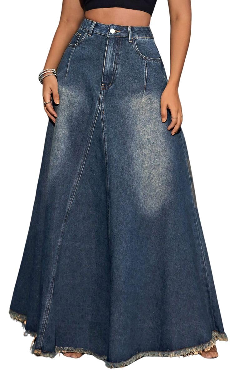 Women's Vintage Full Length Denim Skirts High Waisted Frayed Raw Hem Flared A Line Maxi Long Jean Skirts - Review, Price and Buying Guide
