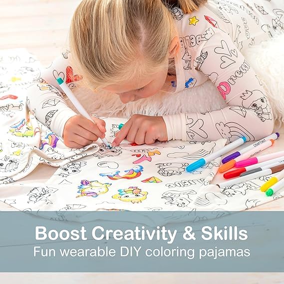 ARNIARTS Kids DIY Paintable Pajama Set | Colouring Sleepwear Kit with Washable Markers | Fun Learning Night Suit for Boys & Girls | Creative Art Activity Gift (Unicorn & Princess, 9-10) 4