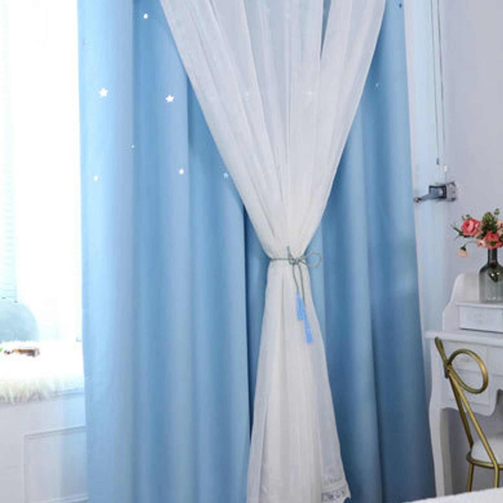 Epinki Fenster Vorhang Deko Blau 2er Set, Stern Schlafzimmer Vorhänge Modern, Ösen Vorhang Gardinenschiene Polyester für Deko Wohnzimmer Schlafzimmer, Jeder B 86 x H 138cm