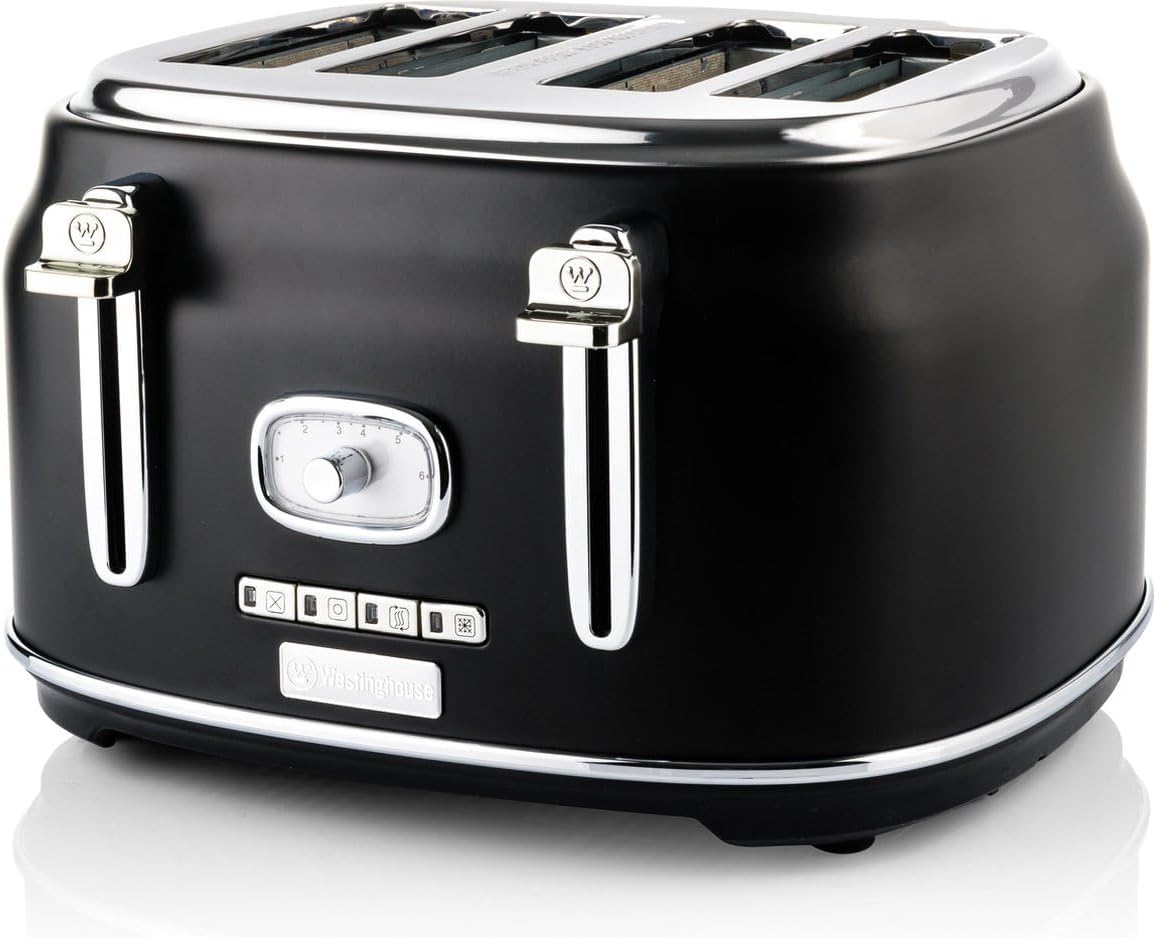 - 4 Slice 1750W Retro Toaster | Removable Bun Attachment, 6 Browning Levels, Bread Centring, Defrost, Warm-up & Stop Function, Extendable Crumb Tray | 2-Yr Warranty (Black)