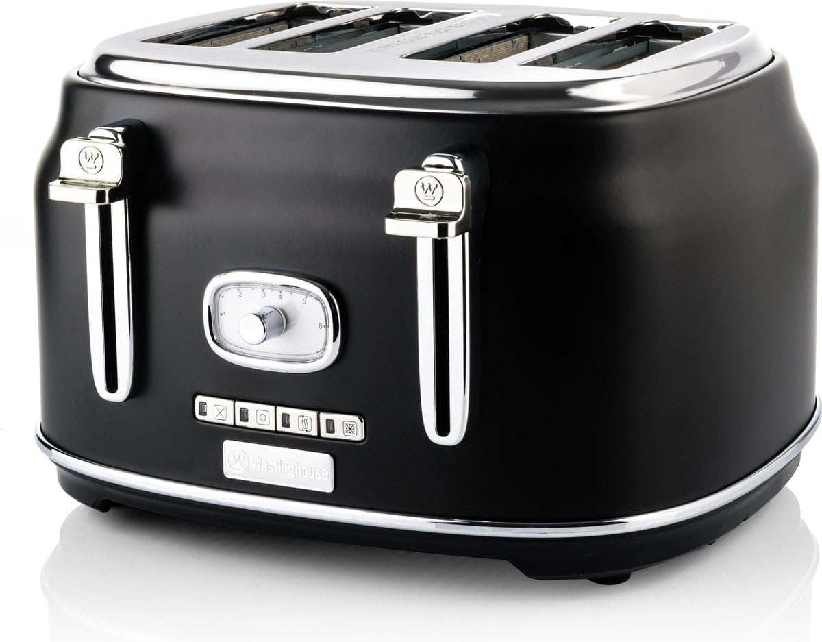 - Westinghouse 4 Slice 1750W Retro Toaster | Removable Bun Attachment, 6 Browning Levels, Bread Centring, Defrost, Warm-up & Stop Function, Extendable Crumb Tray | 2-Yr Warranty (Black)