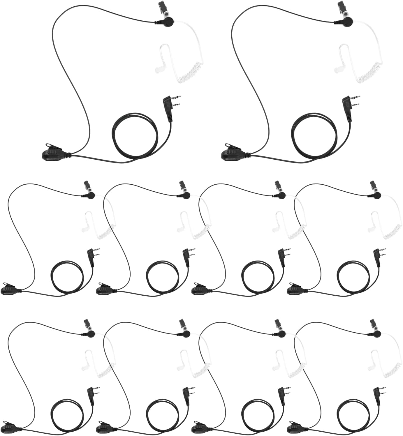 10-Pack Covert Tube Earpiece Headset for Kenwood, Wouxun, Puxing, Weierwei Walkie Talkies | Big PTT Mic, 2-Wire 2-Pin Earpiece Kit, Black