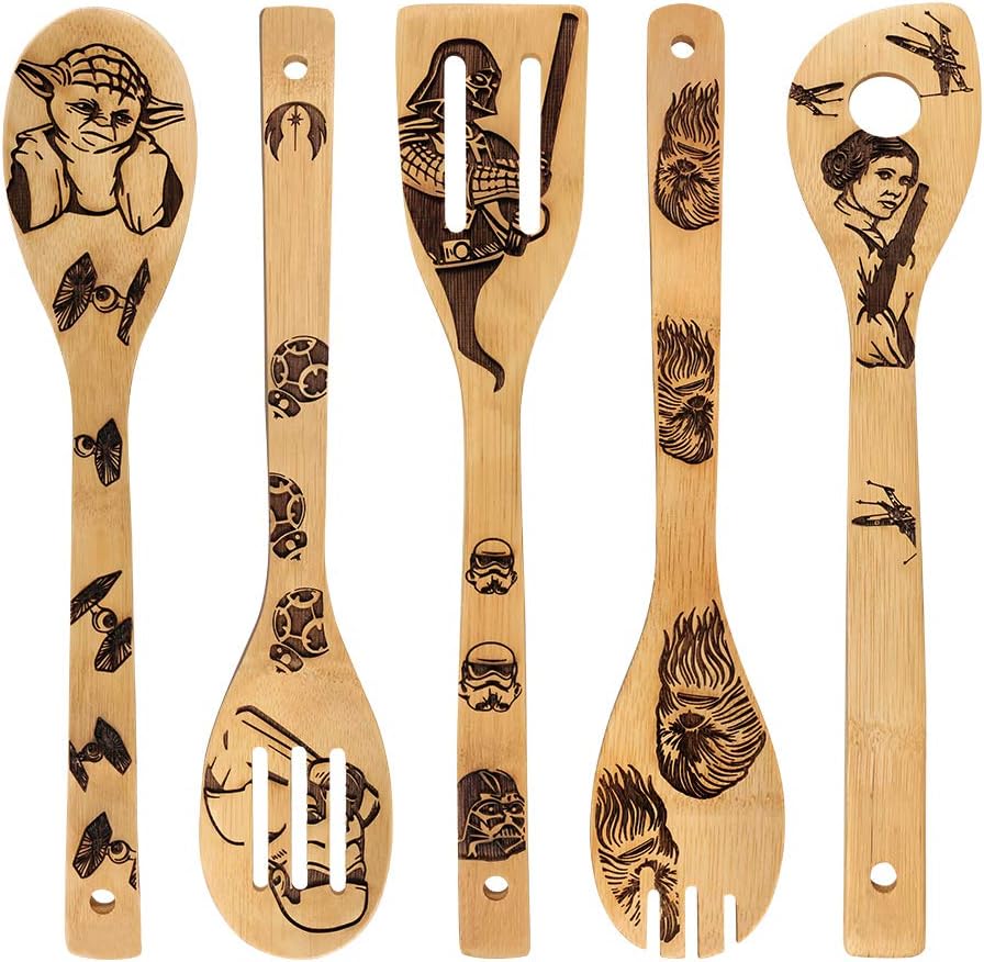 Star War Burned Wooden Spoons Utensil Set Gift Idea Cooking Serving Utensils Natural Bamboo Kitchen House Warming Presents Slotted Spoon 5 Piece Star War Burned Wooden Spoons Utensil Set Gift Idea Cooking Serving Utensils Natural Bamboo Kitchen House Warming Presents Slotted Spoon 5 Piece