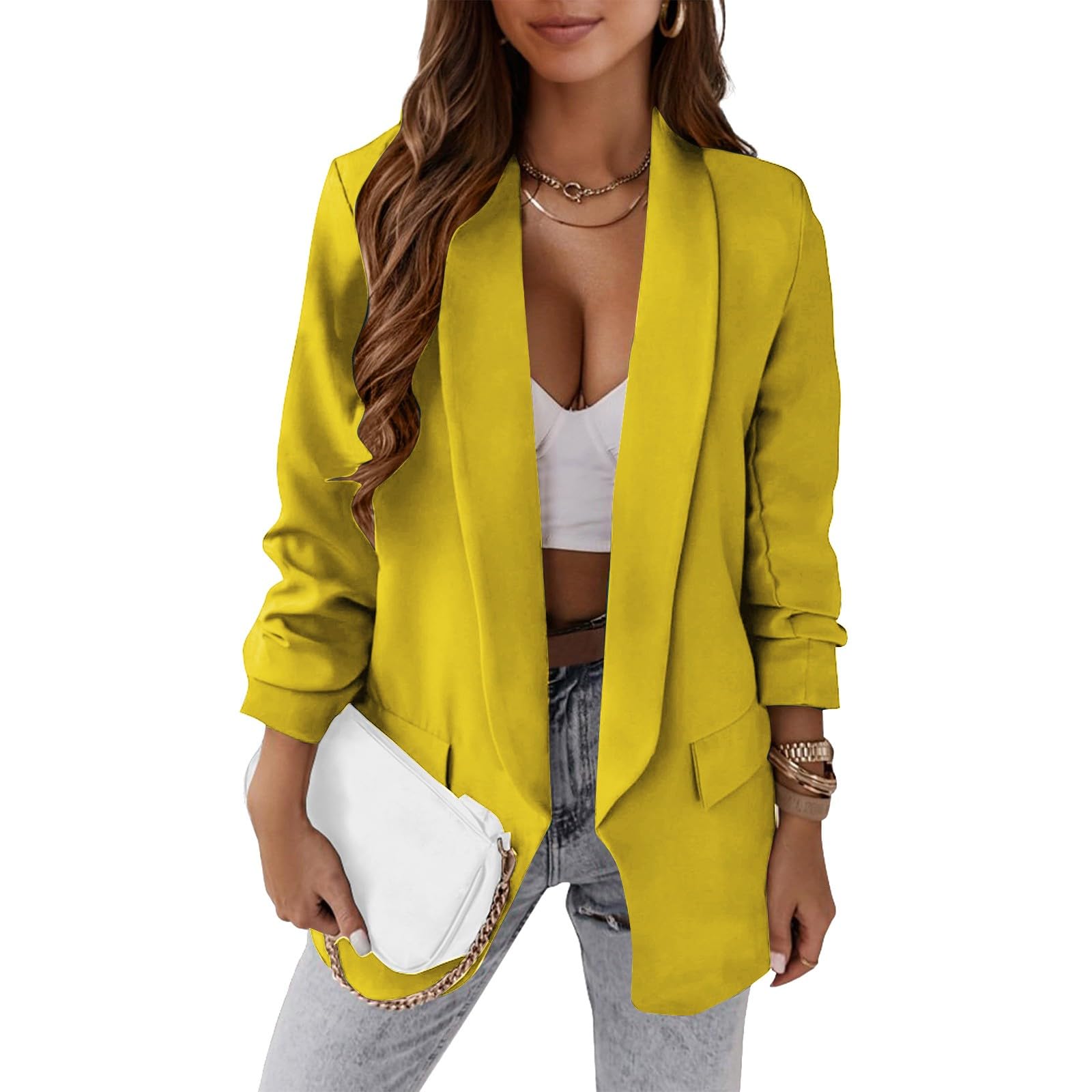 Elegante chaqueta de trabajo para mujer, abierta, con solapas, de manga larga, de oficina, informal, color liso, para otoño