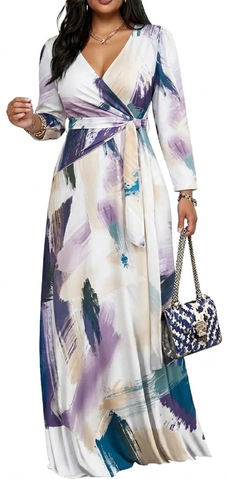 Women's Church Maxi Wrap V Neck 3/4 Sleeve Tie Waist Plus Size Long Dress