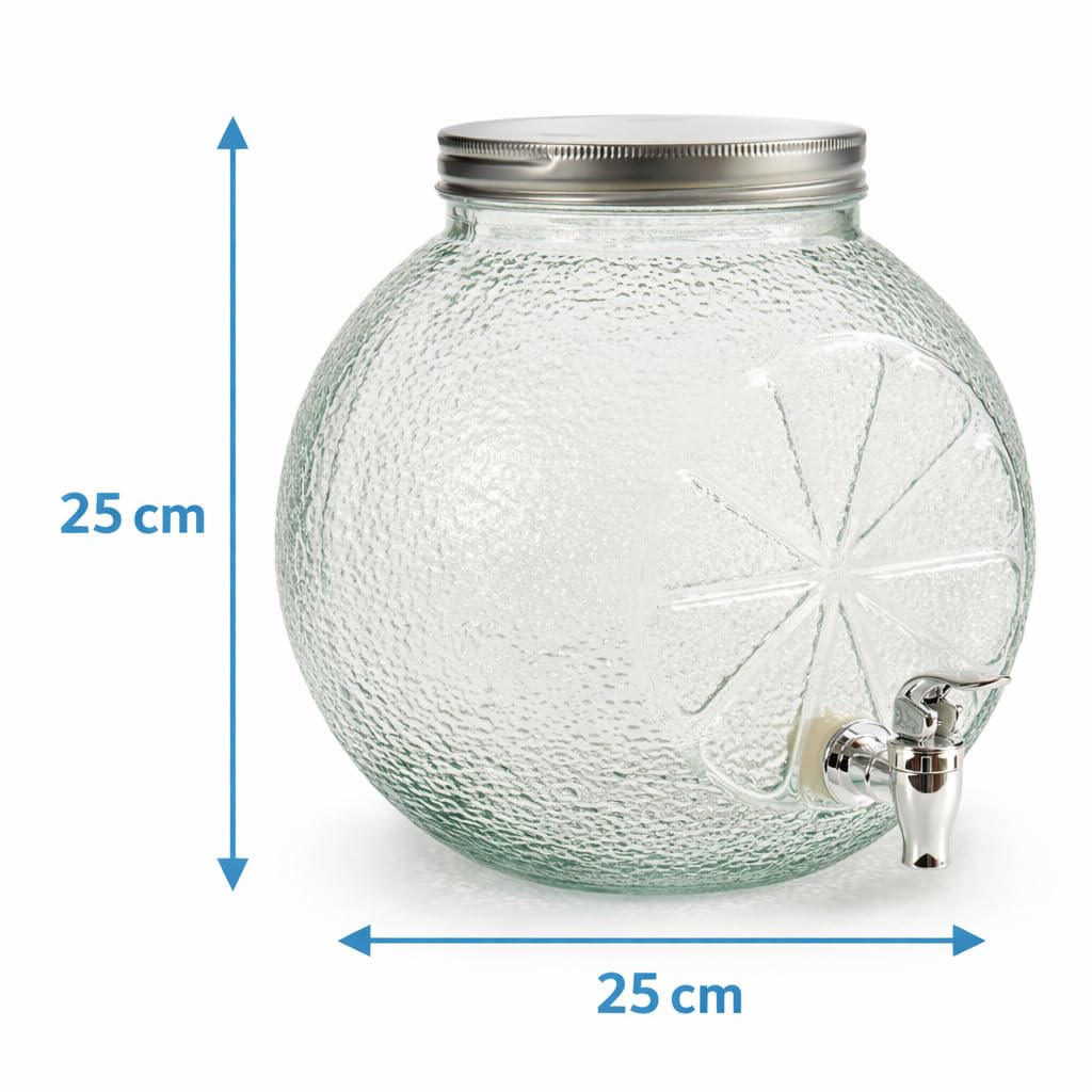 Dispenser Bevande in Vetro 5L con Rubinetto e Tappo Acciaio – Barattolo Porta Bibite 25x25 cm per Acqua, Cocktail, Eventi, Feste, Catering – Design Elegante e Compatto