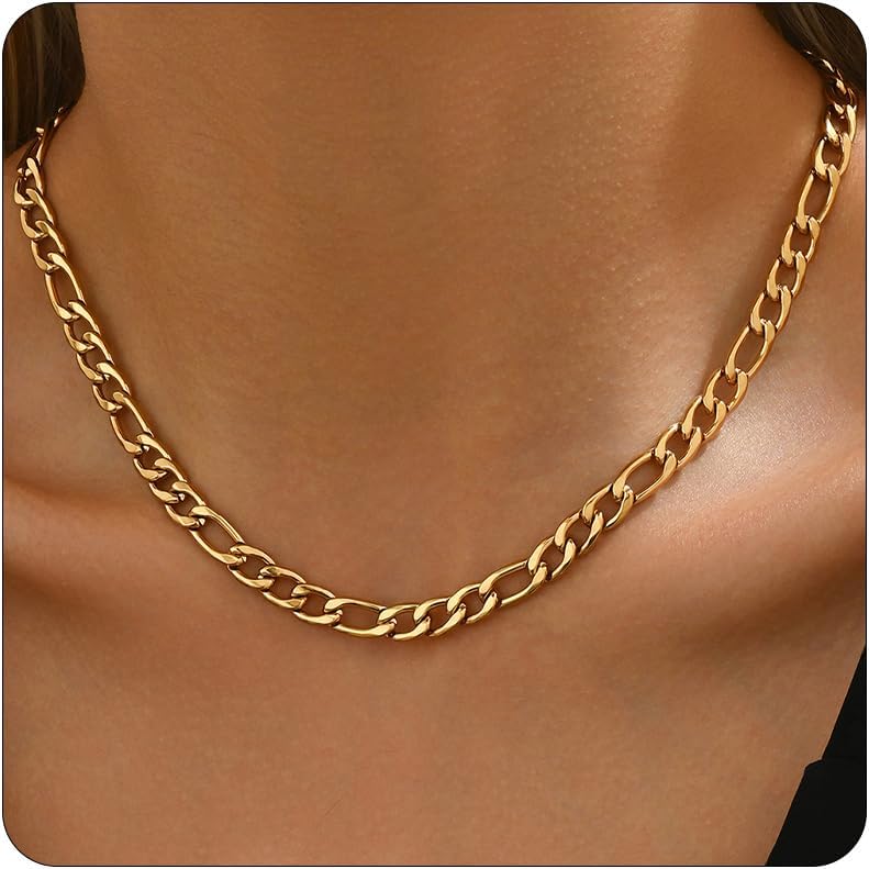 Chunky Necklace for Women 18K Gold Plated Thick Chain Dainty Figaro Cuban Paperclip Chain Simple Beaded Necklace Trendy Gold Chain Jewelry Gift