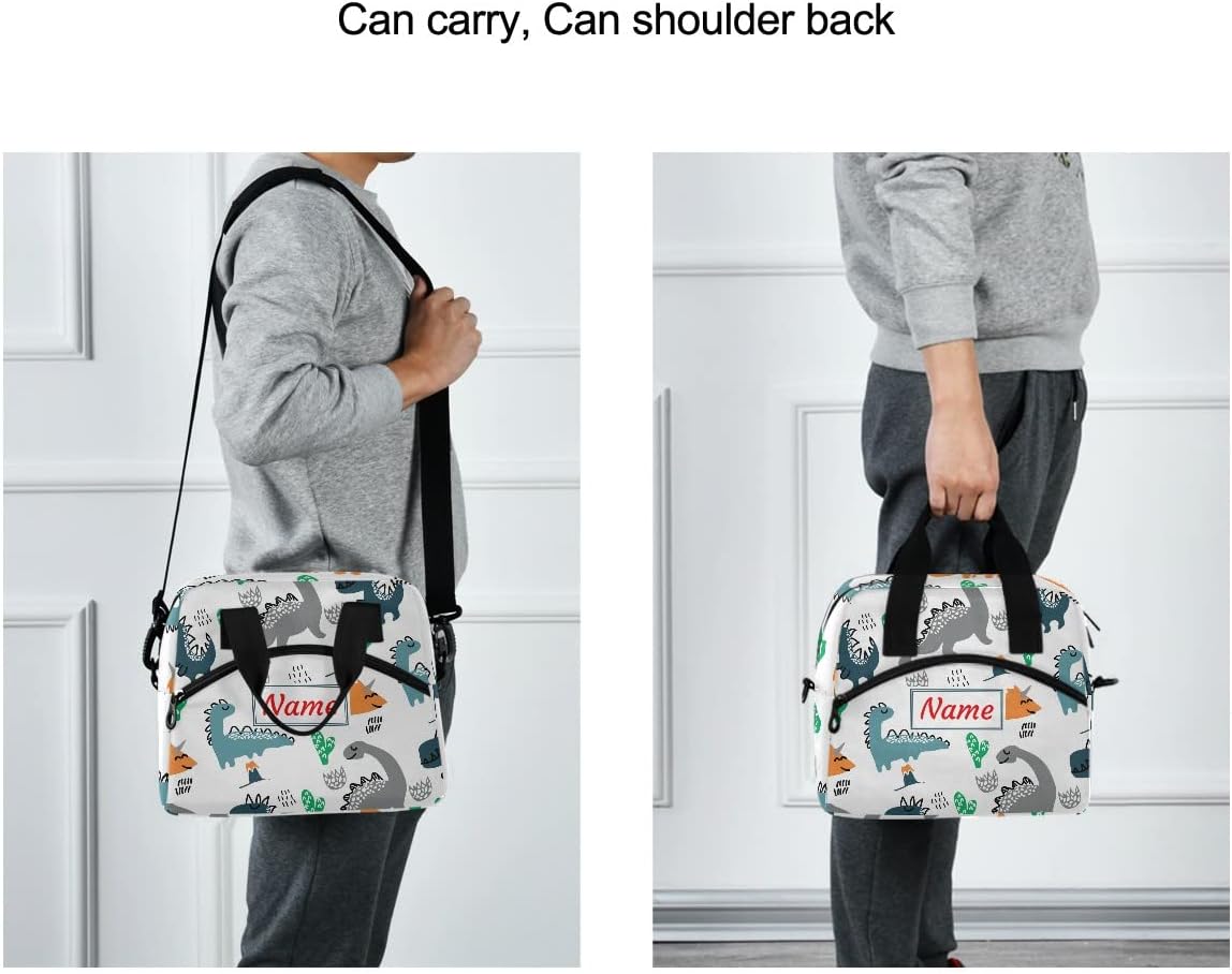 Dinosaurs Cute Dino Animal Cartoon Cactus Custom Lunch Bag Personalized Name Insulated Lunch Box for Women Men Tote Bag with Detachable Shoulder Strap for Office School Picnic Hiking