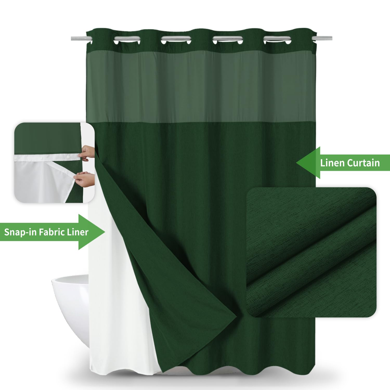 eachope Juego de cortina de ducha con textura de lino sin necesidad de ganchos con forro de tela a presión, cortinas de ducha de lujo para hotel y decoración de baño con ventana superior de malla