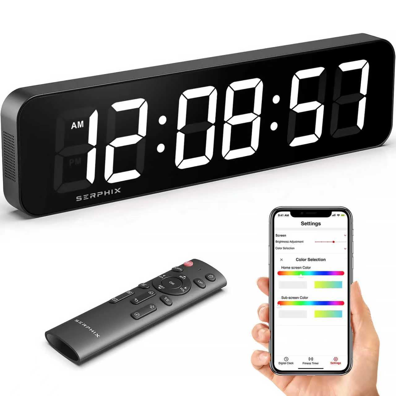 Grande horloge murale numérique de 38,6 cm, couleur RVB personnalisable, application et télécommande, horloge LED à 6 chiffres avec secondes, alarme, compte à rebours, chronomètre, horloge pour la
