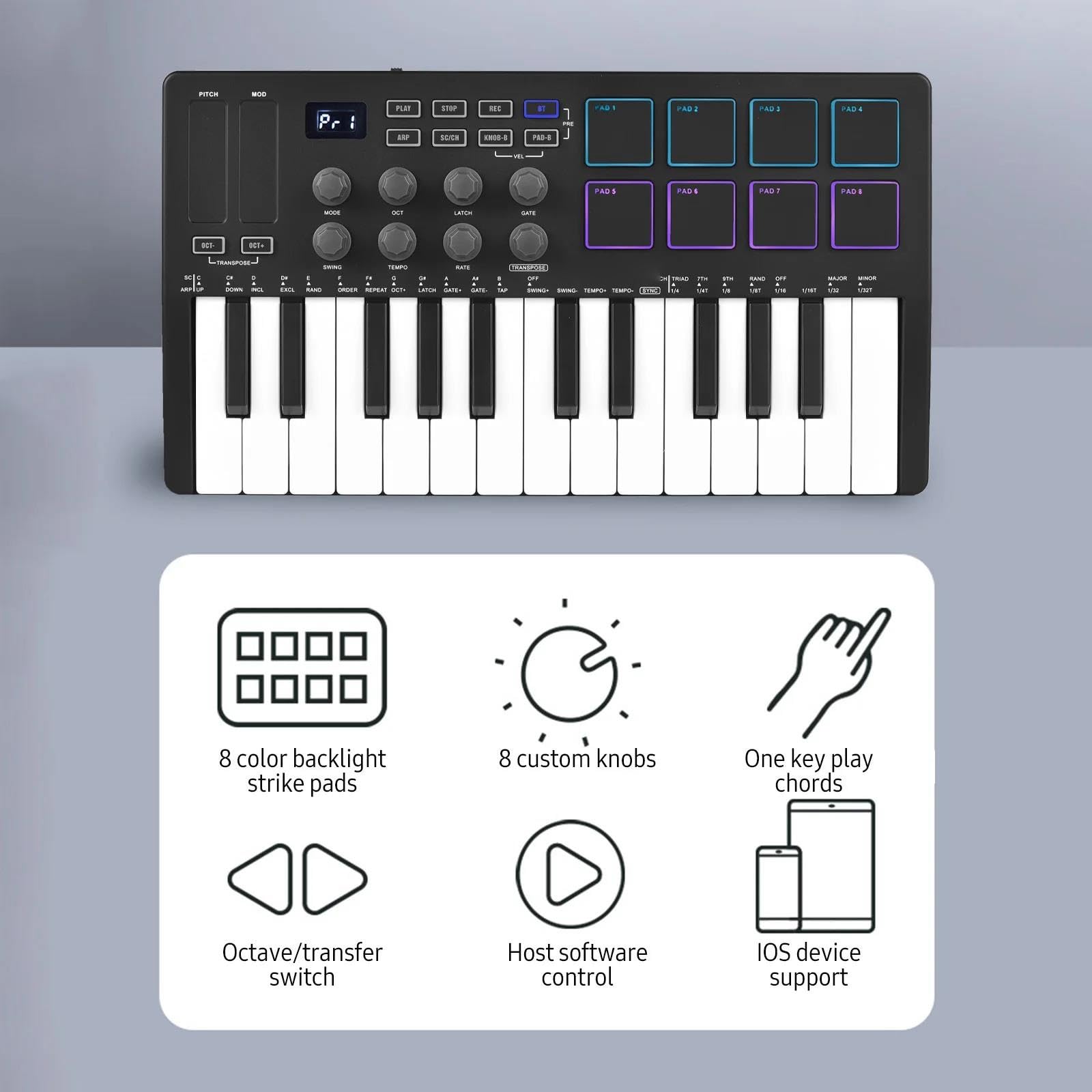 Controlador de teclado MIDI de 25 teclas USB inalámbrico con 8 almohadillas de batería retroiluminadas, 8 perillas, 2 tiras táctiles para producción y actuación musical