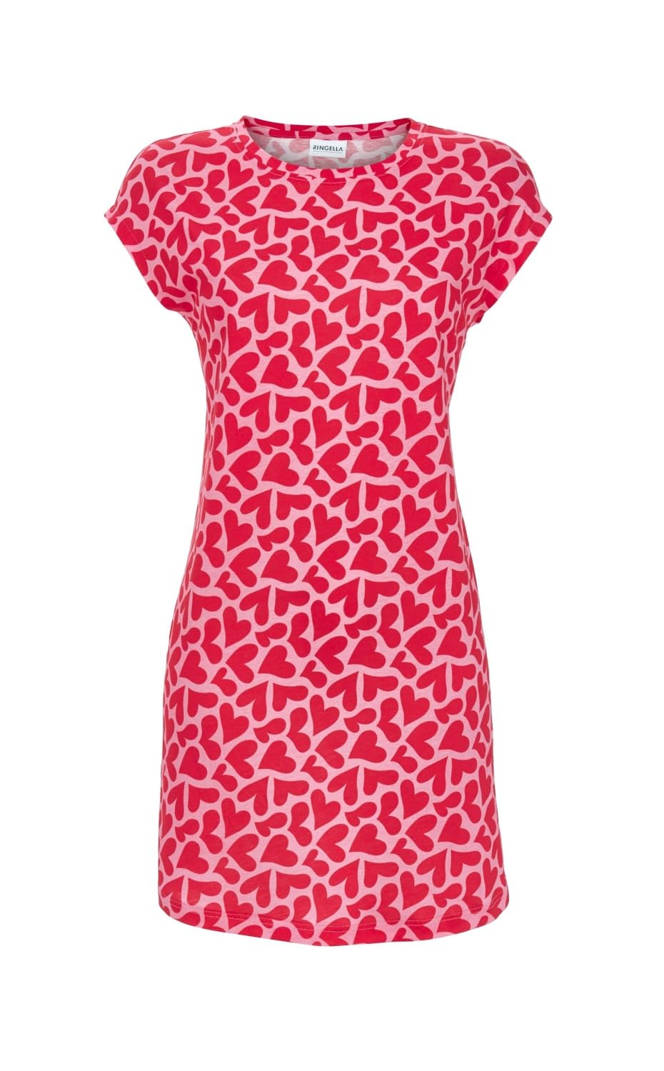 Ringella Maglietta da donna con scollo rotondo, spalla sovrapposta, motivo a cuore, camicia da notte lunghezza al ginocchio, 50% cotone, 50% jersey modal, traspirante e facile da pulire