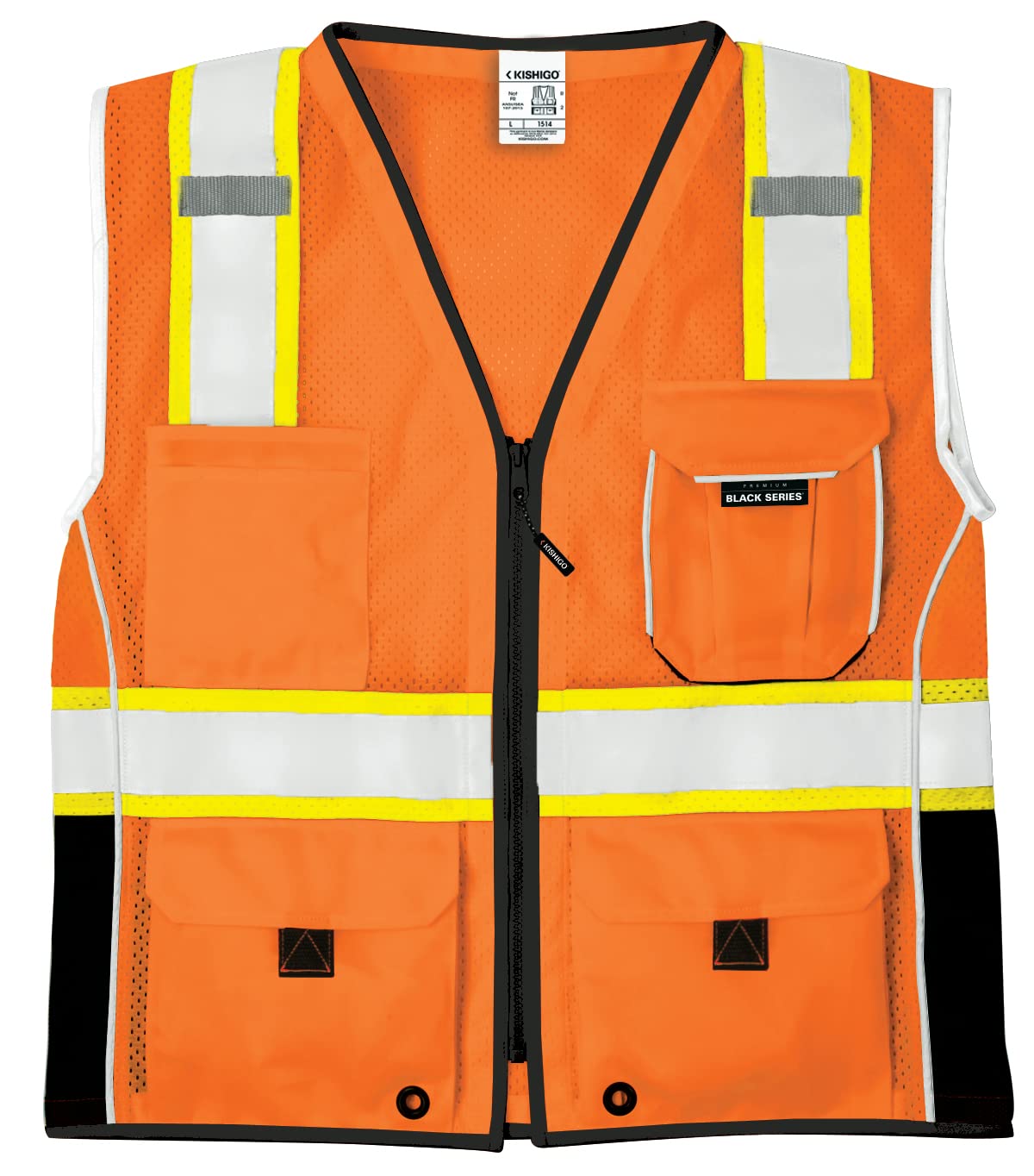 Kishigo Premium Black Series Heavy Duty Unisex Reflective Safety Vest 1514, ANSI Type R / Class 2 Compliant, 6 Pockets - Pencil & Radio Pockets, Reflective Silver Lining & Black Trim (Orange, 2X)