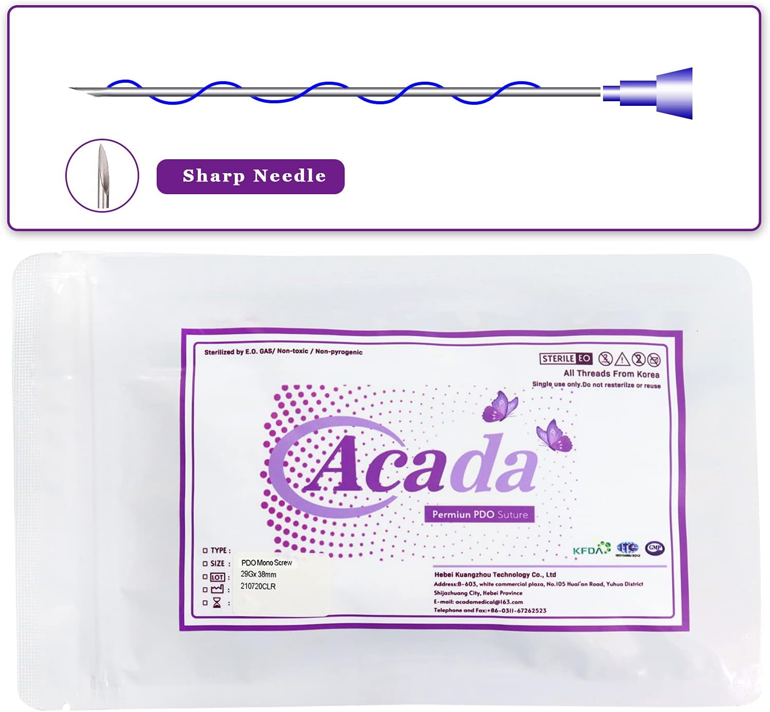 PHYMATAcada Pdo Threads for Face Lift, 26G60mm, USP 5-0, Pdo Screw Threads Smooth Type with Sharp Tip, Smoothing of Wrinkles, 20Pcs