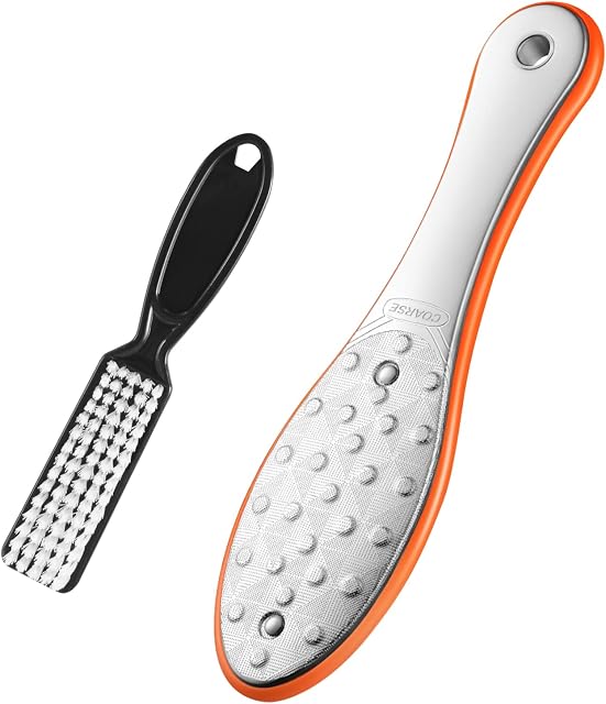 Diesisa Stainless Steel Foot File, Professional Dual Side Foot Scrubber Callus Remover for Feet Pedicure Tools Used on Wet and Dry Feet, with a Brush - Orange-Round