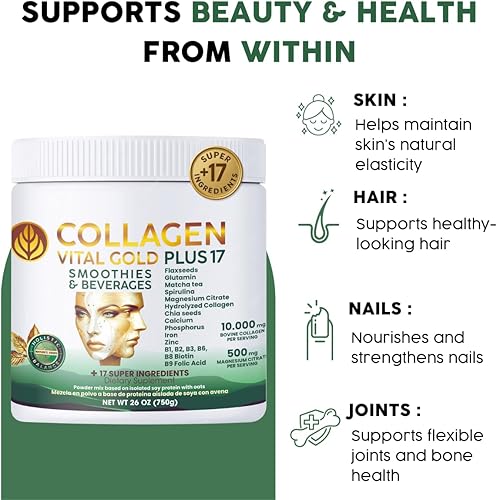 Vista 6 de Vital Life - Polvo de péptidos de colágeno + 17 súper ingredientes, 1.6 libras (paquete de 6), sabor a menta y limón, apoya el cabello, la piel