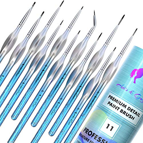 Detail Paint Brushes Variety Set of 11 - Artist Quality for Miniatures â€“ Liners, Rounds, Flats for All Your Delicate Painting with Watercolors, Acrylics or Oils - Comfortable Ergonomic Handle (Blue)
