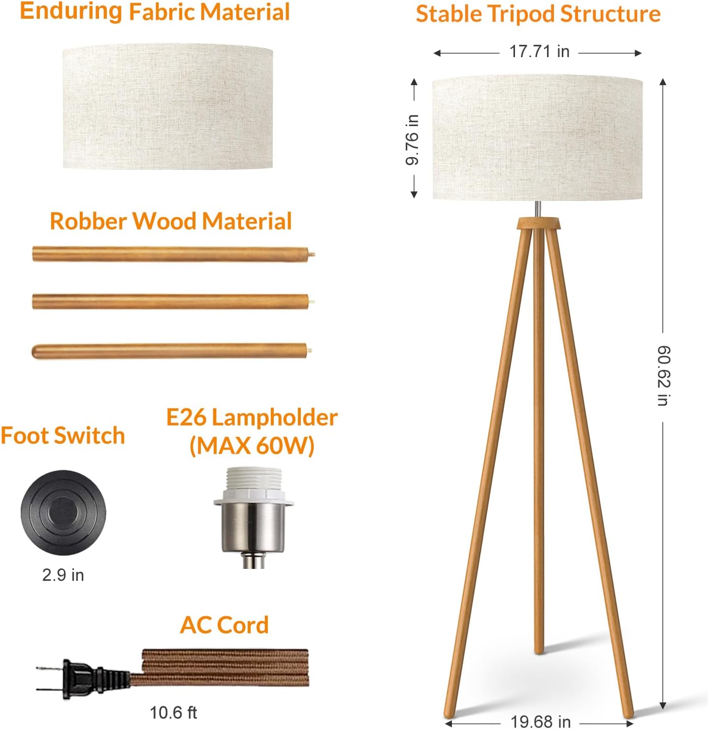 LEPOWER Wood Tripod Floor Lamp, Mid Century Standing Lamp for Living Room, Flaxen Lamp Shade, Modern Design Standing Lamp with E26 Base, Tall Floor Light for Bedroom, Study Room and Office Brown