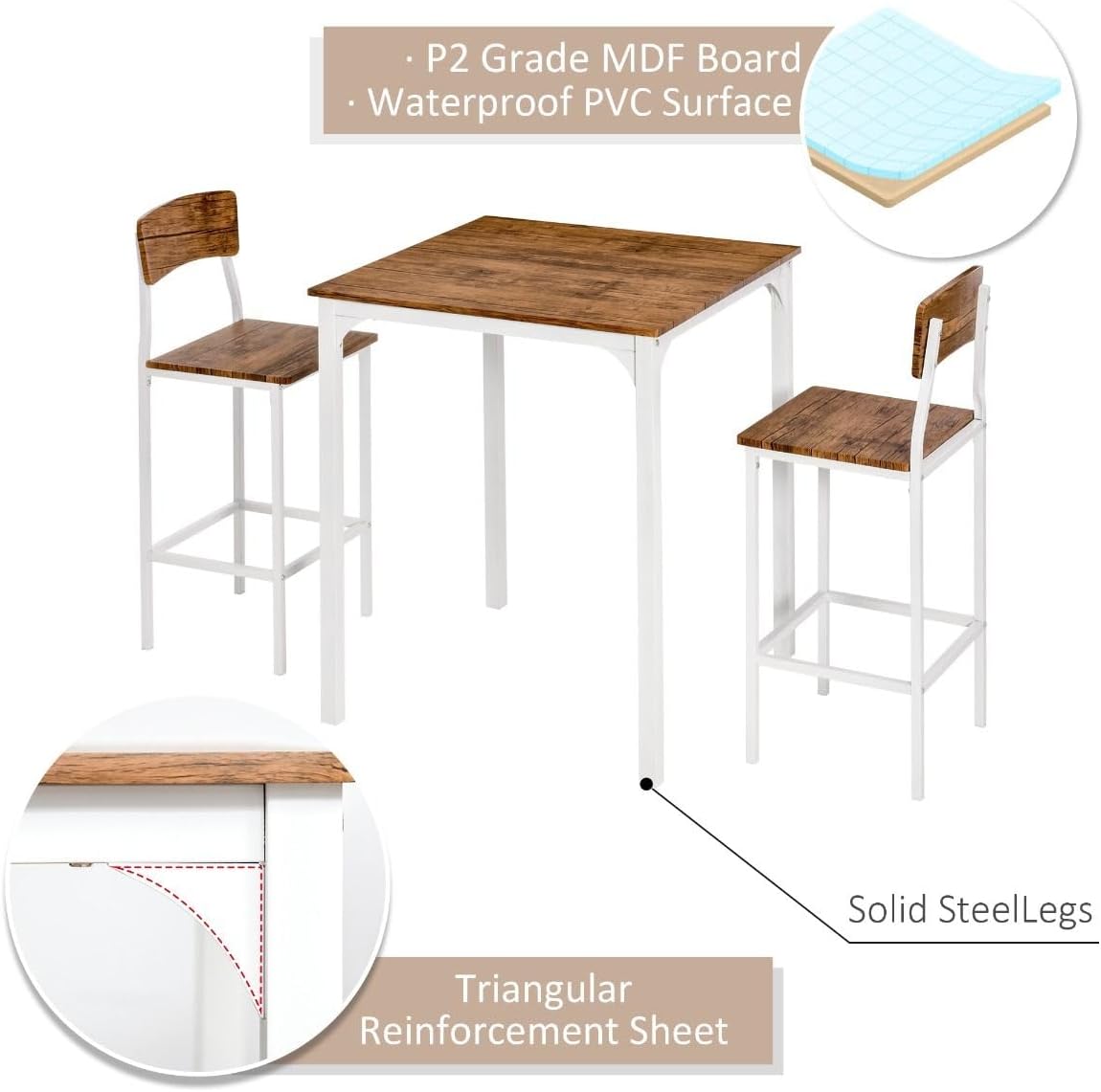 3-PC Breakfast Nook Table Set - Brown & White