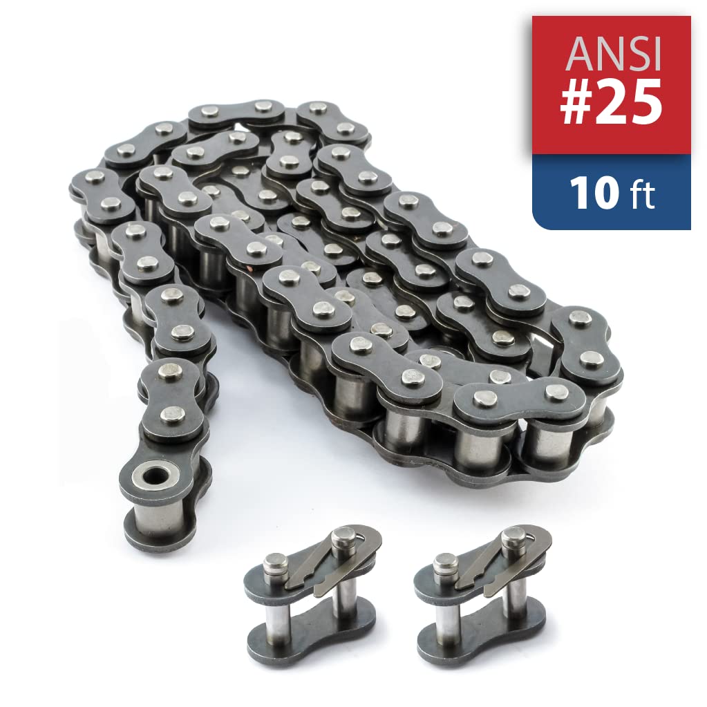 PGN #25 Roller Chain - 10 Feet + 2 Free Connecting Links - Carbon Steel Chains for Bycicles, Mini Bikes, Motorcycles, Go-Karts, Home and Industrial Machinery - 479 Links