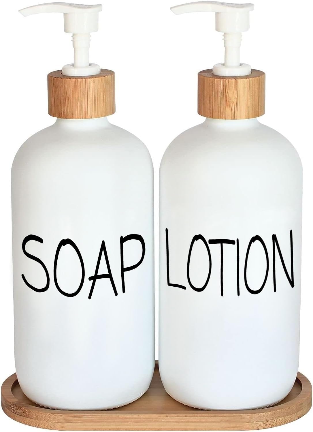 Juego de baño dispensador de jabón blanco, juego con dispensador de vidrio, bombas y bandeja de bambú. Mano y loción adecuadas para decoración de