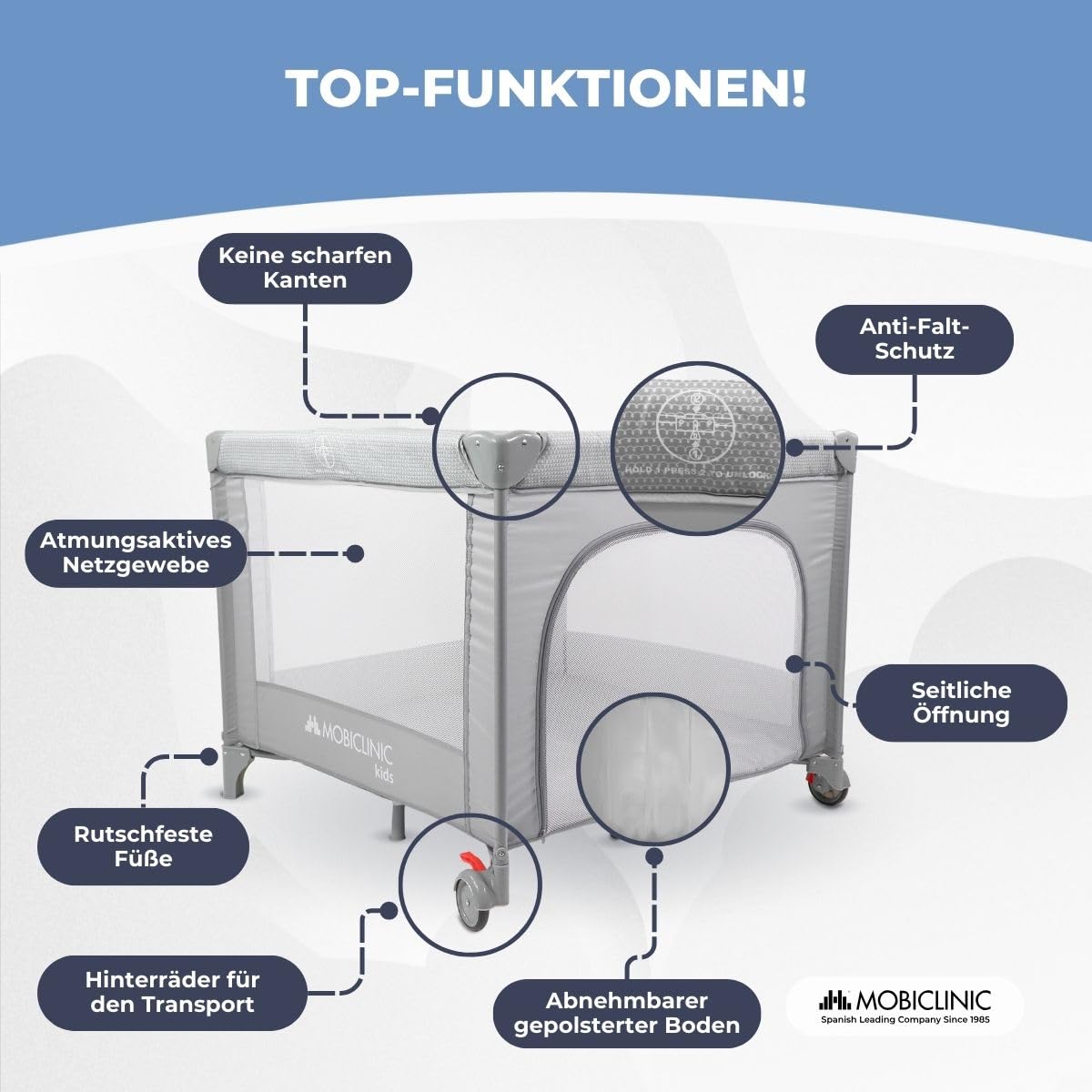 Mobiclinic®, Baby Laufgitter, 2 in 1, Reisebett, Tragetasche, Faltbar, Seitlicher Einstieg, Baby Laufgitter, 0-3 Jahre, Atmungsaktives Netz, 2 Räder mit Bremse, Herausnehmbare Matratze, Sleepland