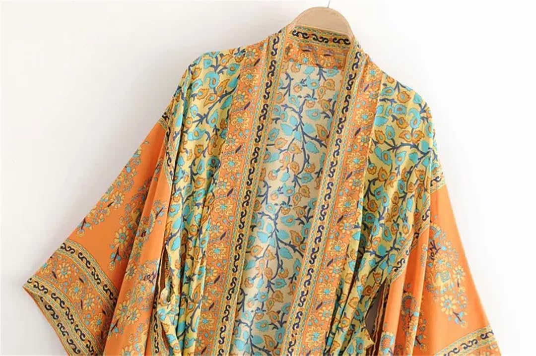 Wjnvfioo Donna Stampa Floreale Kimono Bohemian Camicetta Lunga Scollo a V Maniche a Pipistrello Maxi Top Spiaggia
