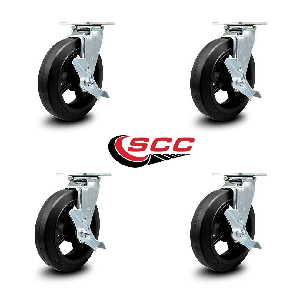 Rubber on Metal Swivel Top Plate Casters Set of 4 Heavy Duty with 8 Inch Wheels - Includes 4 Swivel with Top Lock Brakes – 2,000 lbs. Total Capacity - Service Caster Brand