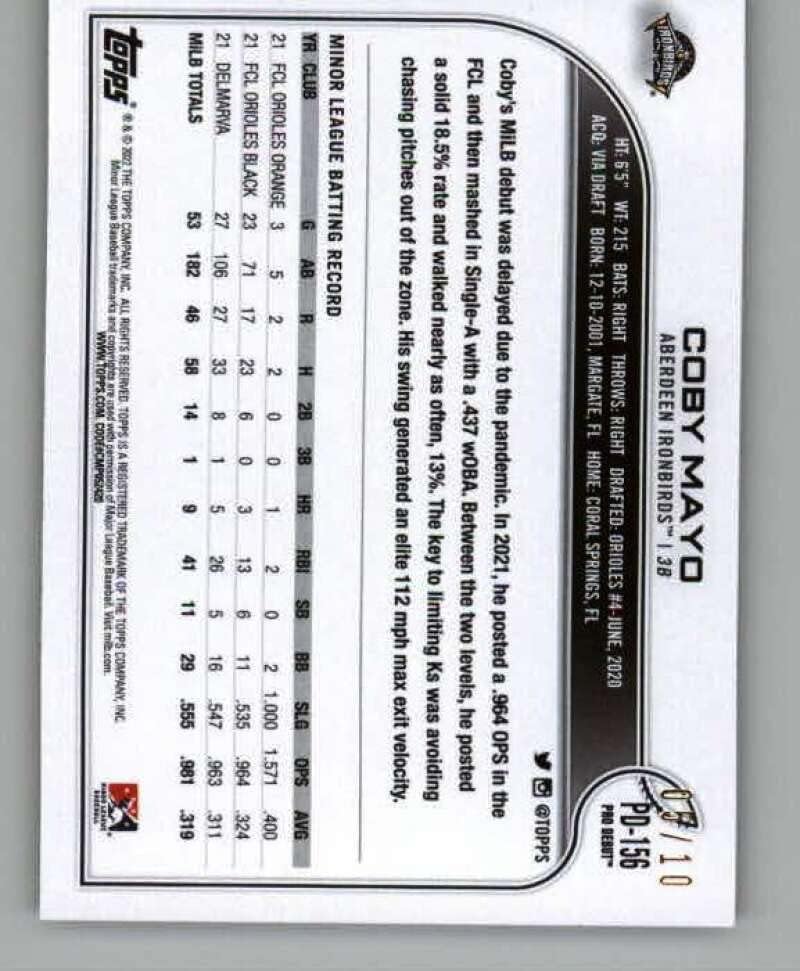 2022 Topps Pro Debut Red #PD-156 Coby Mayo /10 Aberdeen IronBirds RC Rookie Baseball Trading Card