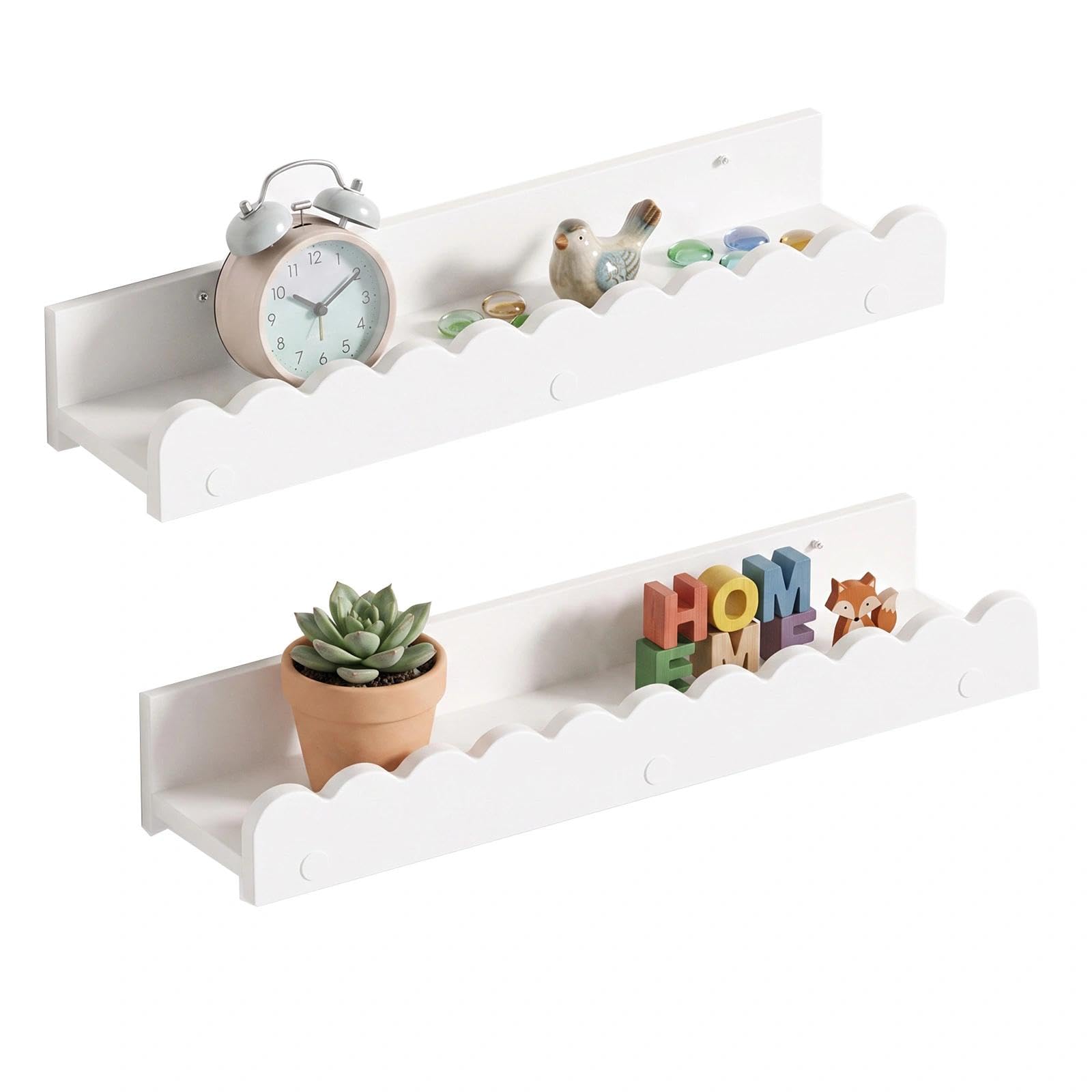 JIUCHAOTONG Wall Mounted Bookshelves, 2Pack Scalloped Floating Shelves, White PVC Shelves For Bedroom Living Room, Wall Mounted Storage & Display Shelf