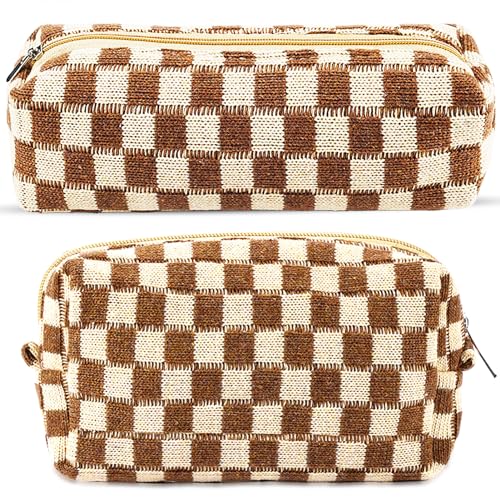 2Pcs Checkered Pencil Case Cute Pencil Pouch for Teens Checkered Makeup Bag Travel Cosmetic Bag Set Cute Makeup Pouch for Purse Portable Zippered Skincare Bags Preppy Toiletry Bags Organizer(Brown)