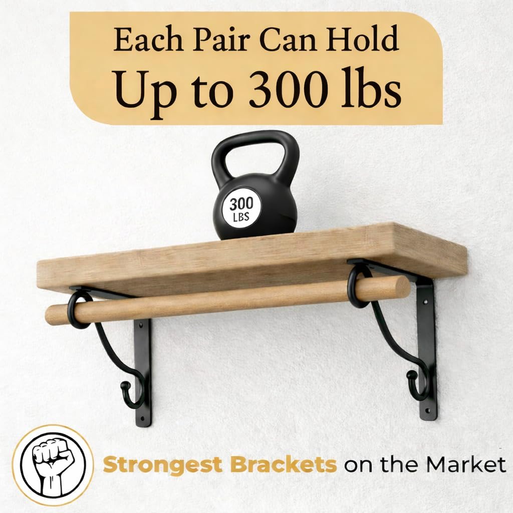 Closet Rod Bracket, 12 Inch –14 Inch Hook Shelf Brackets Heavy Duty Wall Mounted, Black Closet Rod Support Brackets for Curtains, Hanging Hook Kitchen, Shelf Supports (2 Pack) (Black Double, 12 Inch)