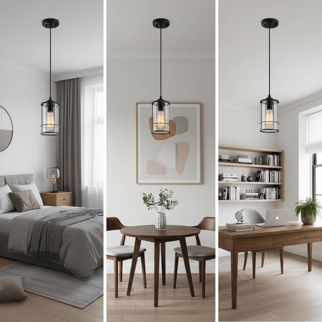 AKEZON Black Pendant Light Kitchen Island Glass Pendant Light Fixture, Kitchen Hanging Lights with Clear Glass, Modern Farmhouse Cage Pendant Lights for Dining Room Hallway Bathroom