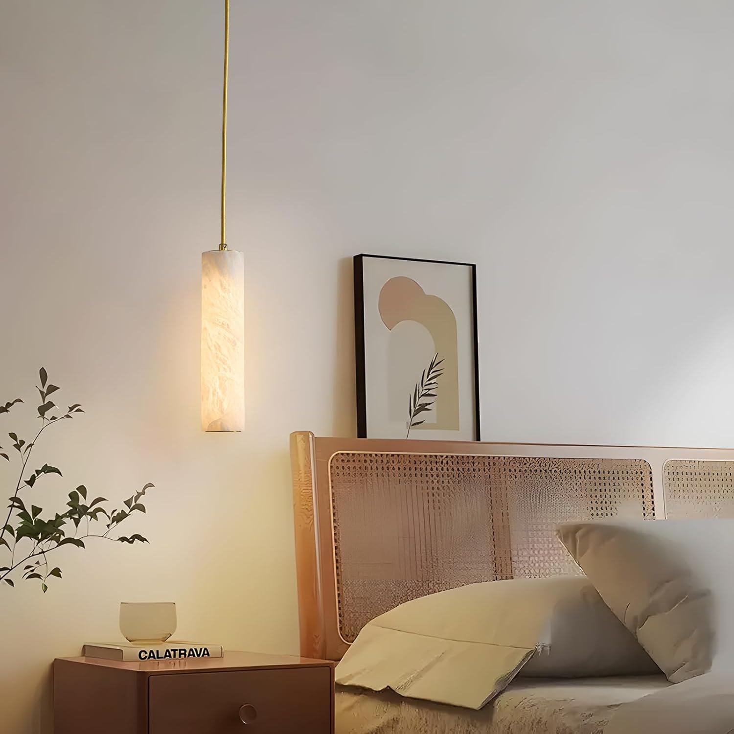 Natural Alabaster Pendant Light Fixture, Modern Marble Kitchen Island Lamp, Long Tube Alabaster Chandelier with LED Light Strip, Small Pendant Light for Kitchen, Dining Room, Living Room (1 Pack)