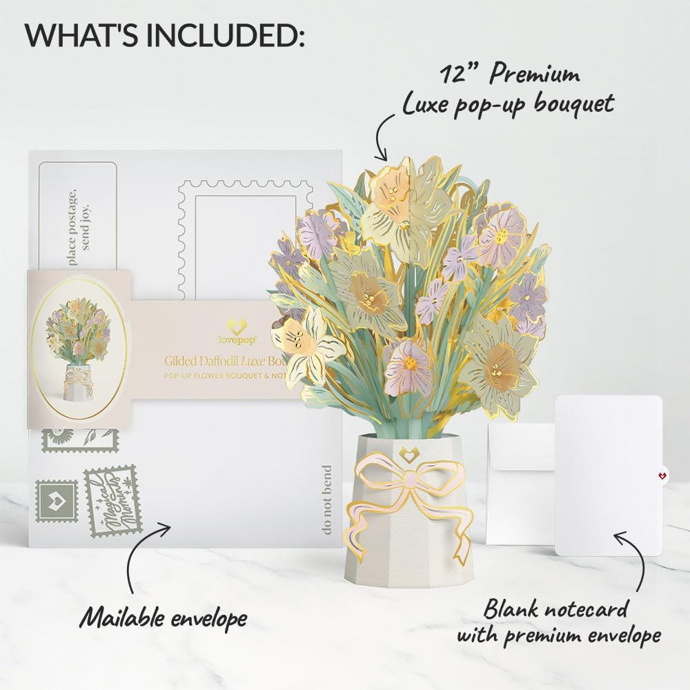 Lovepop Gilded Daffodil Luxe Bouquet - 3D Pop Up Paper Daffodil Bouquet for Mom, Sister, Friend, Her (Birthday, Mother's Day, Easter, Thank You) 12" - Blank Notecard & Envelope Included